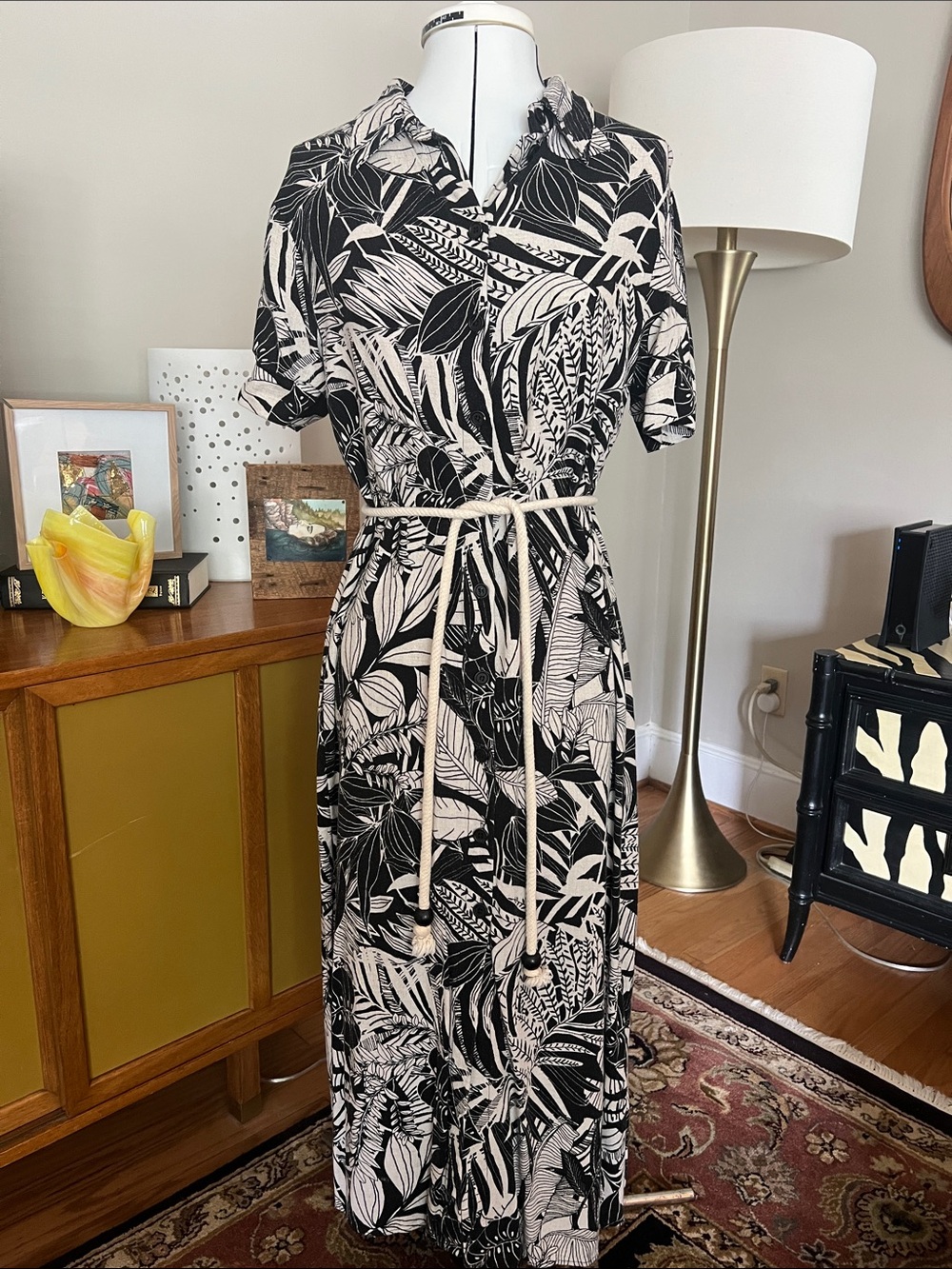 Zara Black & Cream Tropical-Leaf Maxi Dress with Tie Waist